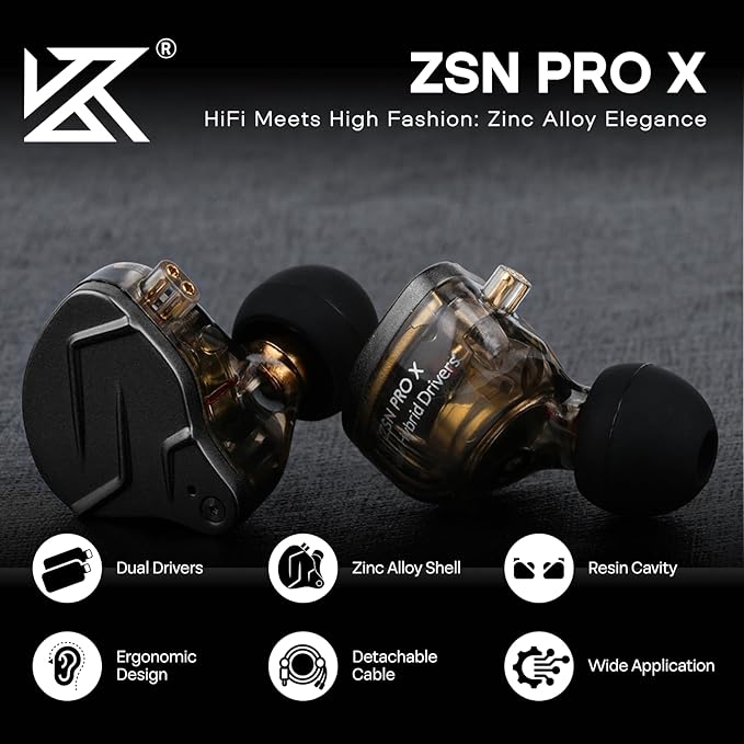 Linsoul KZ ZSN PRO X Dual Driver 1BA+1DD Hybrid Metal Earphones HiFi in-Ear Monitor with Detachable Recessed 2Pin Cable,Zinc Alloy Panel (Without Mic, Grey)