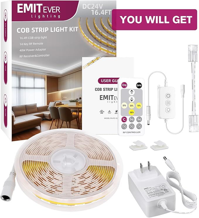 EMITEVER COB LED Strip Lights Kit 4000K, Neutral White 16.4ft Dimmable Tape Light with Remote & 24V Power Supply, CRI90+,High Density 2400LEDs, 300+LM/FT, Suitable for Bedroom Kitchen Cabinet Lighting
