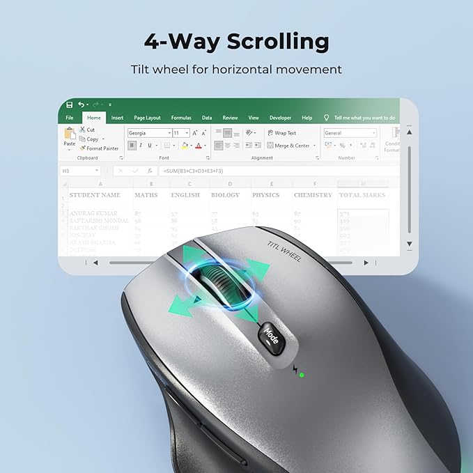 Doci Wireless Bluetooth Mouse, Tilt Wheel 4-Way Scrolling Mice, LED Rechargeable Ergonomic Mouse, 4 Adjustable DPI with 7 Buttons, Dual Mode USB+BT1+BT2, Mouse for Laptop/PC/Computer/iPad/Mac/Windows
