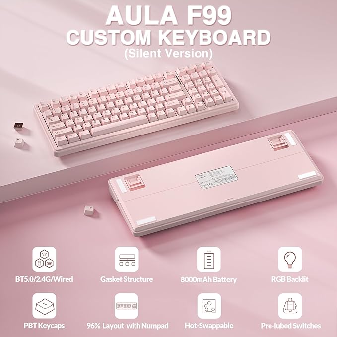 AULA F99 Wireless Mechanical Keyboard-Silent Version,Tri-Mode(BT5.0/2.4GHz/USB-C),Gasket Structure,Hot Swappable Mechanical Keyboard with Pre-lubed Linear Switches,RGB Backlit PC Gaming Keyboards,Pink