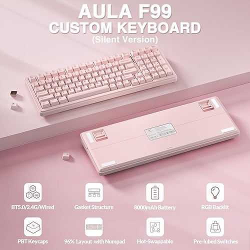 AULA F99 Wireless Mechanical Keyboard-Silent Version,Tri-Mode(BT5.0/2.4GHz/USB-C),Gasket Structure,Hot Swappable Mechanical Keyboard with Pre-lubed Linear Switches,RGB Backlit PC Gaming Keyboards,Pink