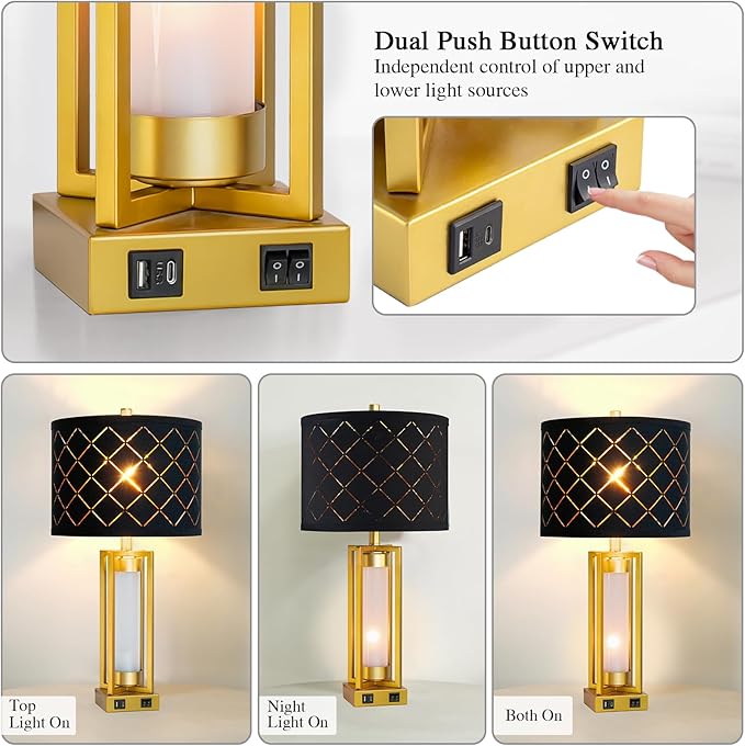 Set of 2 Modern Table Lamps for Living Room Bedroom with USB C+A, Rustic Nightstand Lamps with White Night Light, Black Grid Shade, Desk Lamps for Bedside End Tables, 4 Bulbs Included (Gold)