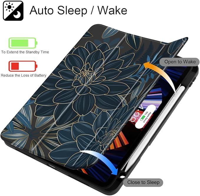 Tuiklol for iPad Pro 11 Inch 4th / 3rd / 2nd / 1st Gen (2022 2021 2020 2018) Case -Built-in Pencil Holder Shockproof Cover Clear Transparent Back Shell with Auto Wake/Sleep, Black Flower