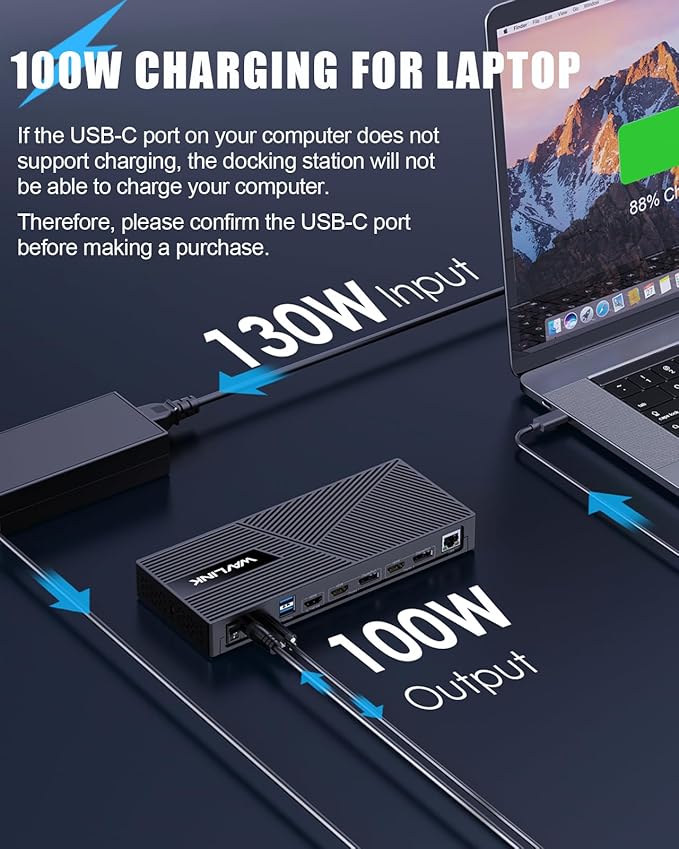 WAVLINK Displaylink Docking Station 3 Monitors with 130W Power Delivery, 10Gbps USB for MacBook (M1-M5, Neo) & Windows, USB-C(3 HDMI, 2 DisplayPort, 2 USB-C, 4 USB3.1, Ethernet, Audio)