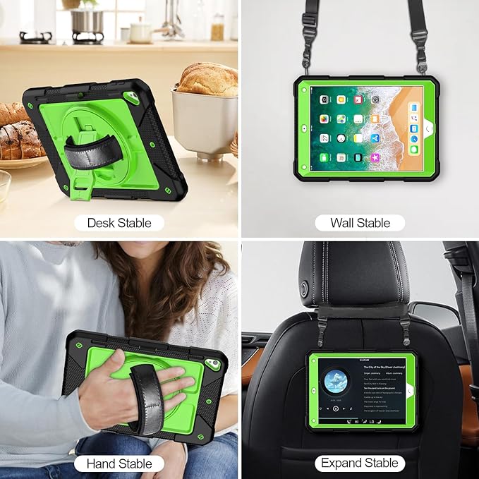 MENZO Shockproof Case for iPad 5th Gen/6th Gen/Air 2/Pro 9.7-inch with 360° Swivel Stand, Pencil Holder, Detachable Hand and Shoulder Strap, Black+Green