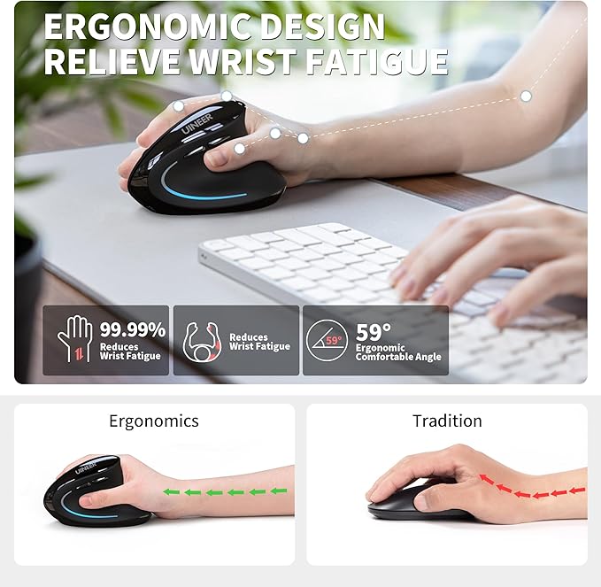 Uineer Ergonomic Mouse, Wireless Bluetooth Rechargeable Vertical Mouse, 7 Color LED, 4 DPI Adjustable, USB-A, Wrist Strain Relief,Optical Mice for Computer/PC/Laptop, Black (Black)