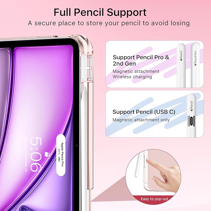 MoKo for iPad Air 11 inch Case (M4/M3/M2) 2026/2025/2024, iPad Air 5th/4th Gen 10.9 inch Case 2022/2020 with Pencil Holder, Slim Trifold Cover with Hard PC Translucent Back Shell,Rose Gold