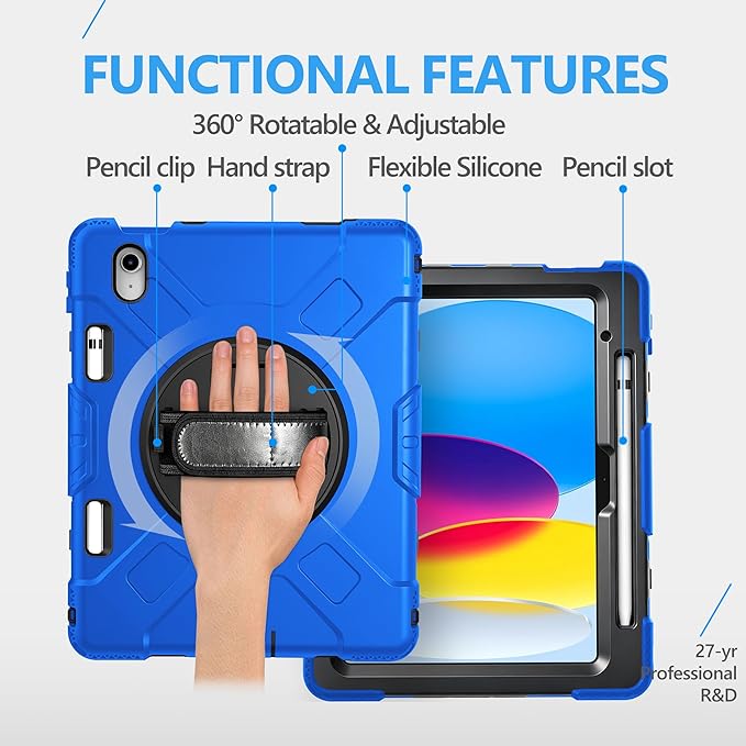 Case for iPad (A16) 11th/10th Generation Case: Protective Cover for iPad 11th Gen 11 Inch 2025 &10th Gen 10.9" 2022 with Screen Protector- Stand- Shoulder Strap- Handle- Pencil Holder-Black+Blue