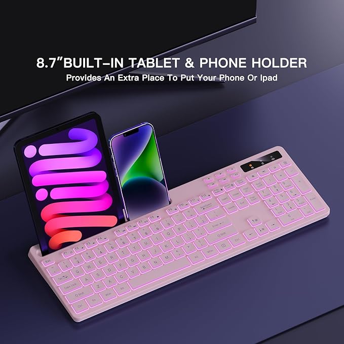 Soueto Wireless Keyboard with 7-Color RGB Backlit, Full-Size Computer Keyboard with Phone Tablet Holder, 2.4G Rechargeable Gaming Keyboard with Light Up Keys, Compatible with Mac, Windows (Pink)