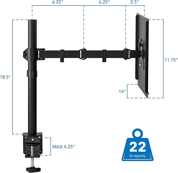 Mount-It! Laptop Desk Mount with Pole, Height Adjustable Laptop Stand Mount for Desk with Vented Tray, Full Motion Laptop Arm for 11–17 Inch Laptops, 22 lb Capacity, Clamp or Grommet Base