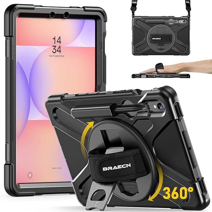 BRAECN Case for Samsung Galaxy Tab S10 Lite/S10 FE/S9 FE 5G 10.9"& S9/S8/S7 11",Heavy Duty Shockproof Silicone Cover with 360 Rotating Stand &Hand Strap, Kickstand, Shoulder Strap, S Pen Holder, Black