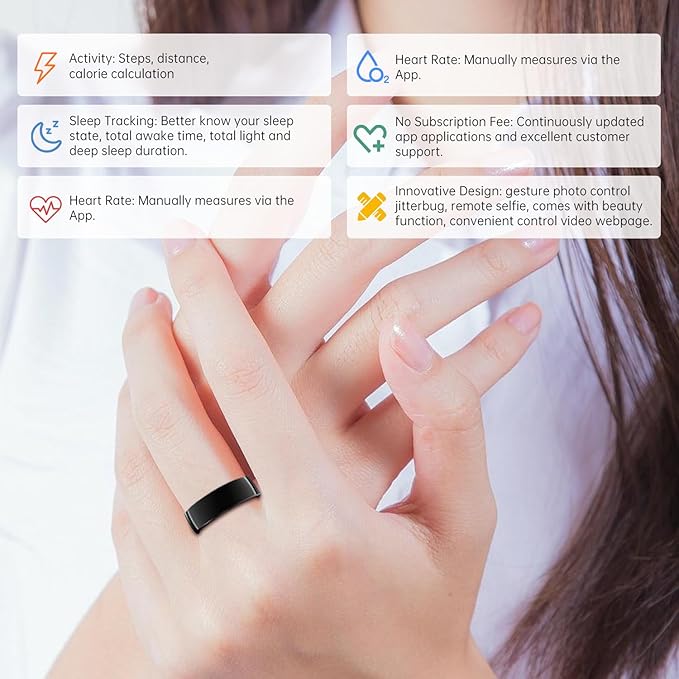 Smart Ring - Sleep Tracking Wearable - Heart Rate - Oxygen Monitoring - Fitness Tracker - Hand Gesture Brush Tiktok - Remote Camera - Up to 9 Days of Battery Life