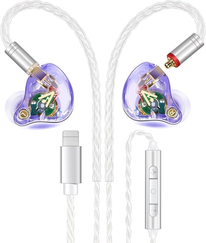 Vibes 202ML Wired Earbuds - HiFi in Ear Headphones for iPhone 5–14, Noise Isolating Ear Buds w/ Mic - Clear Sound, Deep Bass, Comfort-Fit Earphones - MMCX–LTN, Silver Plated Cord, Carrying Case