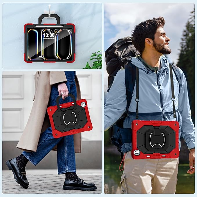 WESOROL for iPad Pro 13 Inch Case M5 2025/M4 (2024 Model,7th Gen) with Screen Protector/360° Rotating Stand/Pencil Holder/Shoulder Strap,Military Grade Shockproof iPad Case 13 Inch Pro M5/M4,Red Black