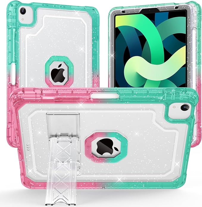 ZoneFoker Case for iPad Air 5th/ 4th Generation Case (2022/2020) 10.9'', for iPad Pro 11 Inch (4th/3rd/2nd/1st Gen), Hard Slim Cover for iPad Air 5 4 th with Pencil Holder/Stand, Pink to Teal Glitter