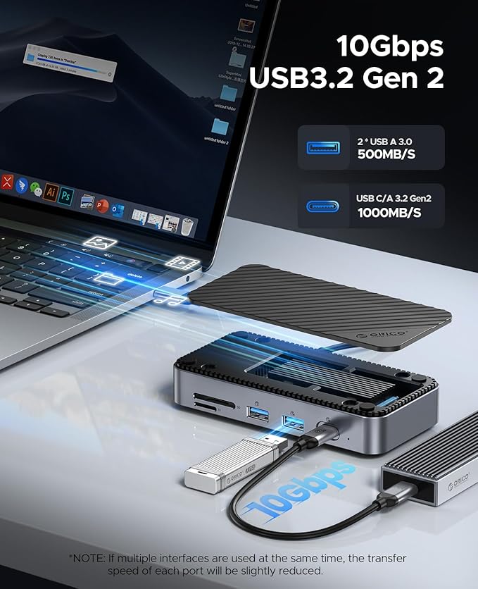 ORICO 9-in-1 USB C Hub with M.2 NVMe SSD Enclosure 10Gbps, Tool Free Hub Docking Station Adapter with Built-in Fan, Gigabit Ethernet, 100W PD, SD/TF, Type C & USB A for Laptop MacBook Mac mini -M2P7