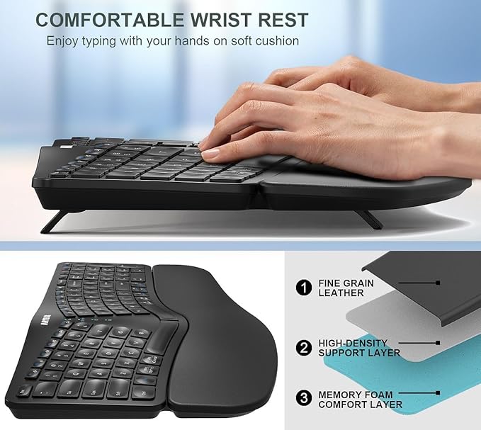 Arteck Ergonomic Keyboard with Cushioned Wrist Palm Rest, Multi-Device Wireless Bluetooth with USB-A USB-C Receiver Comfortable Ergonomic Split Keyboard, for Windows Computer Laptop PC Tablet