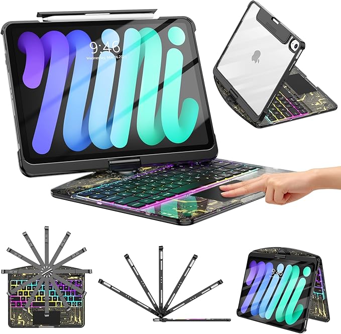 TSQQST Clear Wireless Keyboard Case for iPad mini A17 Pro (Mini 7 2024)/ Mini 6 (2021) 8.3" w/Multi-Touch Trackpad, 7-Color Backlit, Pen Holder, Rotation Case for iPad mini 7th/6th Generation, Black
