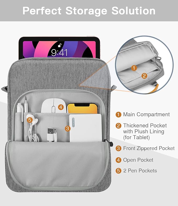 MoKo 9-11 Inch Tablet Sleeve Bag Handle Carrying Case with Shoulder Strap Fits iPad Pro/Air/A16 11 inch,iPad 10th 10.9,i-Pad 9/8/7th 10.2,iPadAir 5/4th 10.9,i-Pad 9.7,Tab S8/S9 11", Dark Gray