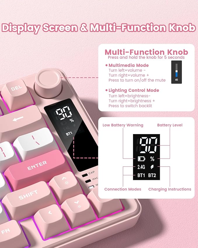 Womier DK75 75% Wireless Gaming Keyboard, RGB Backlit Creamy Keyboard with Multifunction Knob & Screen, Tri-Mode 2.4GHz/USB-C/BT5.0, Anti-Ghosting No-Conflict Silent Membrane Keyboard for MAC Windows