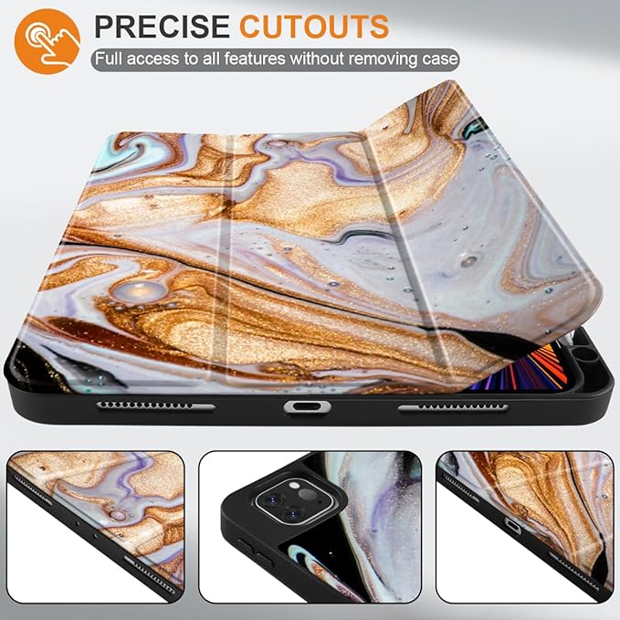 DONGKE Case for 2022/2021/2020/2018 iPad Pro 11 inch Gen 4/3/2/1 - Slim Protective Case - Built in Pencil Holder Support Charging - Trifold Stand & Sleep/Wake Cover- Black Marble