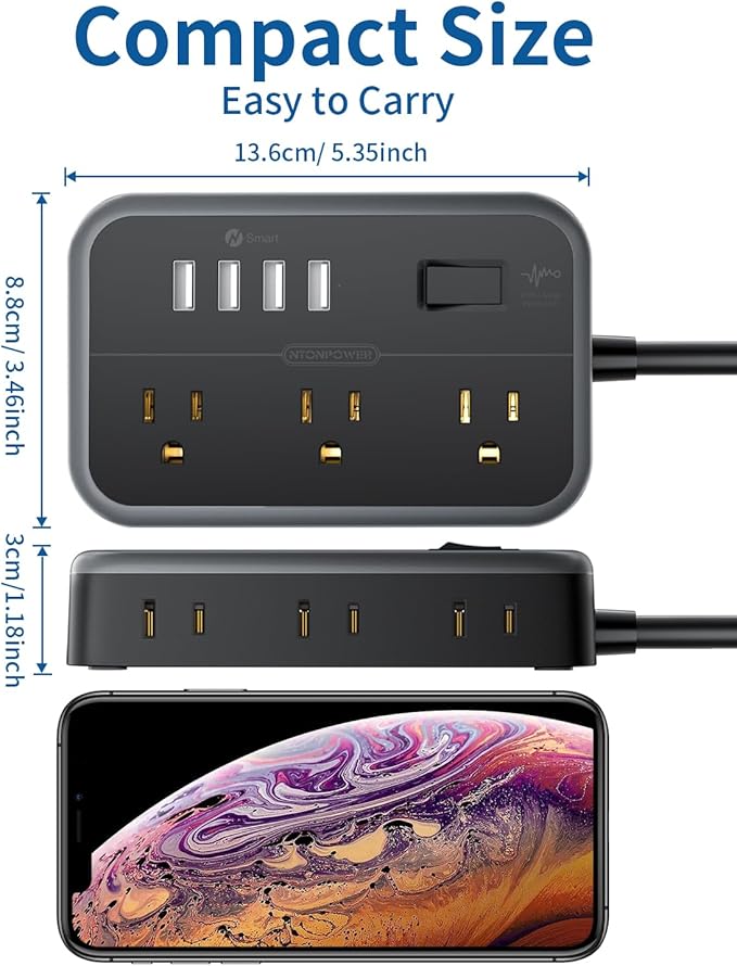 NTONPOWER 6 Widely Spaced Outlet(2 Side) Power Strip with 4 USB Ports, Extension Cord 15 Ft