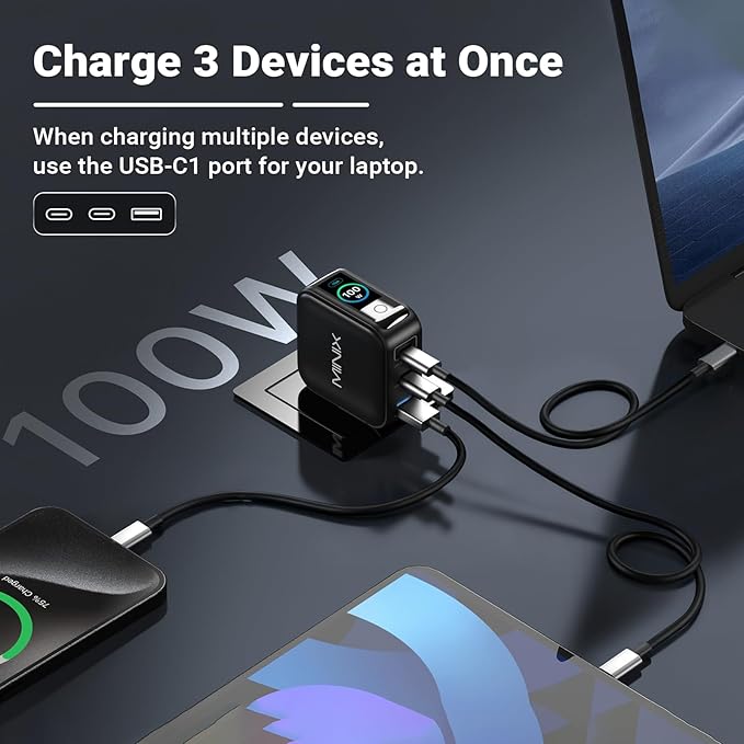 MINIX 100W USB C Charger, 3 Port GaN Charger with Smart Display and Touch Control, Powerful 100W Fast Charging for MacBook pro, iPhone 17/16 Series, Galaxy, Pixel, Laptop, and More. (NEO P3 Pro)