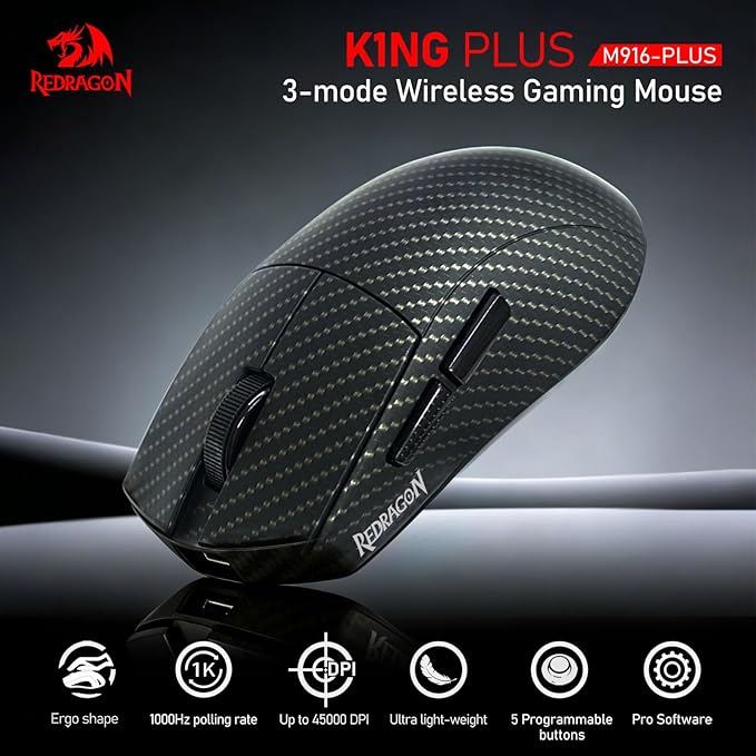 Redragon M916 Plus Carbon Fiber Tri-Mode Gaming Mouse, 49G Ultra-Light 45K DPI Mouse w/Ergonomic Natural Grip Build, Full Programmable Buttons, Software Supports DIY Keybinds & DPI