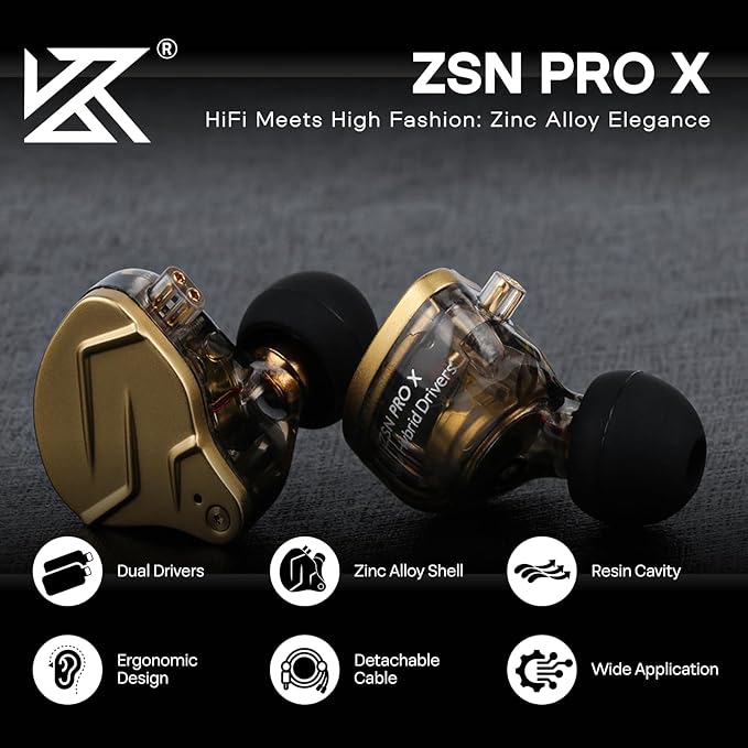 Linsoul KZ ZSN PRO X Dual Driver 1BA+1DD Hybrid Metal Earphones HiFi in-Ear Monitor with Detachable Recessed 2Pin Cable,Zinc Alloy Panel (Without Mic, Black)