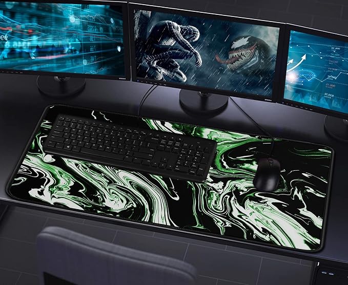 Large Extended Mouse Pad with Stitched Edges, Durable Non-Slip Natural Rubber Base, Waterproof Computer Keyboard Pad Mat for Esports Pros/Gamer/Desktop/Office/Home - Marble Green