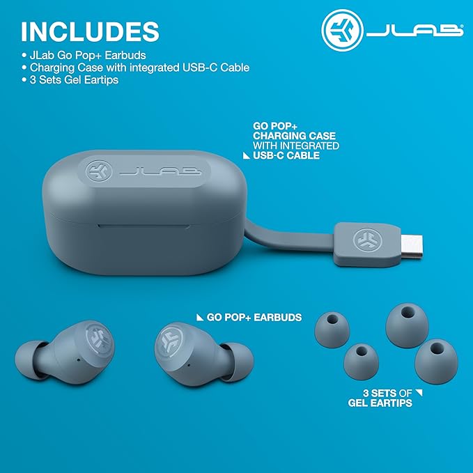 JLab Go Air Pop+ True Wireless Earbuds, Bluetooth Earbuds with Microphone, USB-C Charging Case, Dual Connect, EQ3 Sound, Slate