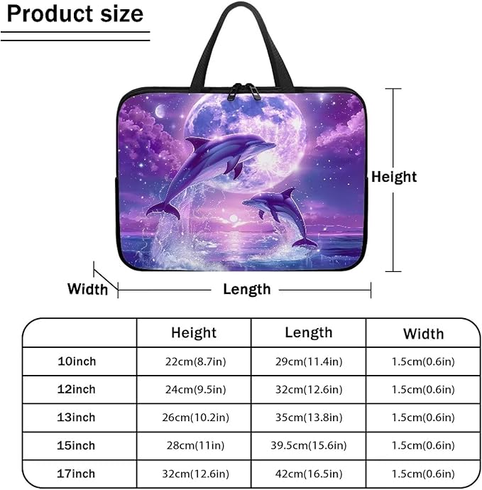 Purple Dolphin Full Moon Laptop Case 13 Inch, Waterproof Laptop Sleeve for Women Men, Portable Laptop Cover Computer Carrying Bag Cases with Handle, Fits Tablet/Notebook/Reader