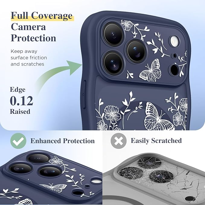 GVIEWIN for iPhone 17 Pro Case Compatible with MagSafe [Curly Wave Edge][Full Camera Protection] Floral Translucent Shockproof Magnetic Women Phone Case for iPhone 17 Pro 6.3'', Tuberose/Blue