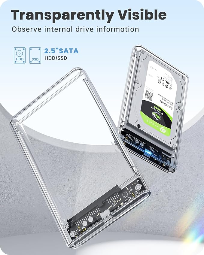 POSUGEAR 2.5'' External Hard Drive Enclosure, 6Gbps USB C 3.1 Gen 2 to SATA III Tool-Free Clear External Hard Drive Case for 7mm/9.5mm 2.5 inch SSD HDD with UASP Compatible with WD Toshiba Samsung PS4
