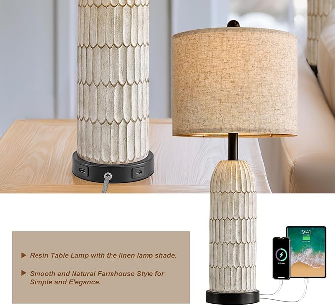 OYEARS 26.5" Bedside Table Lamps Set of 2, Farmhouse Table Lamp with USB A+C Charging Ports,Vintage Nightstand Lamp for Bedrooms and Living Rooms, Retro Resin End Table Lamp with Linen Shade,Black