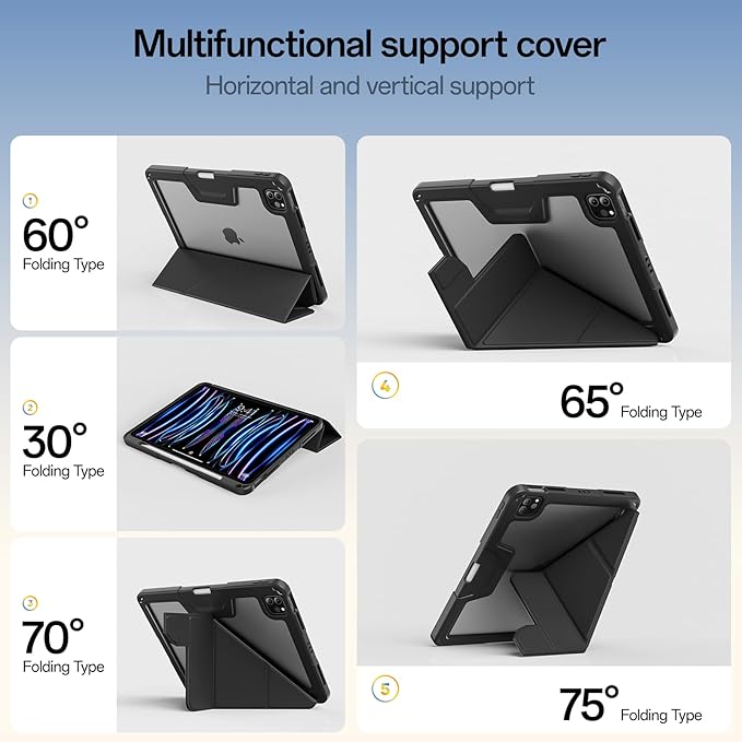 Case for iPad Pro 11 inch (4th/3rd/2nd Generation) 2022/2021/2020 with Clear Back, Multi-Angle Stand, Soft Silicone & Shockproof Tablet Protective Case (Black)