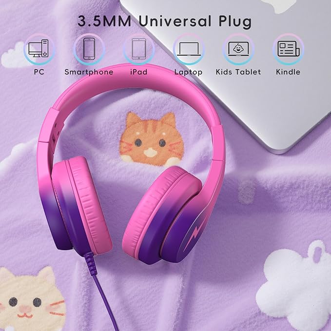 Candy Bila Kids Headphones, Wired Headphones for Kids Over Ear with Microphone, 85/94dB Volume Limiter Headphone for Girls Boys, Foldable Headphone for Learning, Deep Purple and Pink