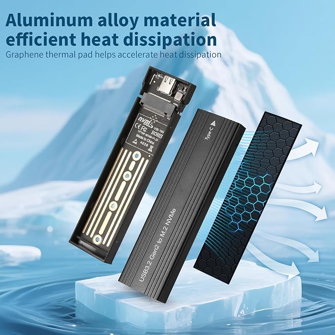 M2 SSD Enclosure, USB 3.2 to SATA Adapter, 10Gbps High-Speed Data Transfer, Tool-Free Installation, Compatible with 2230/2242/2260/2280 M.2 NVMe SSD, Aluminum Alloy Case, Portable & Durable