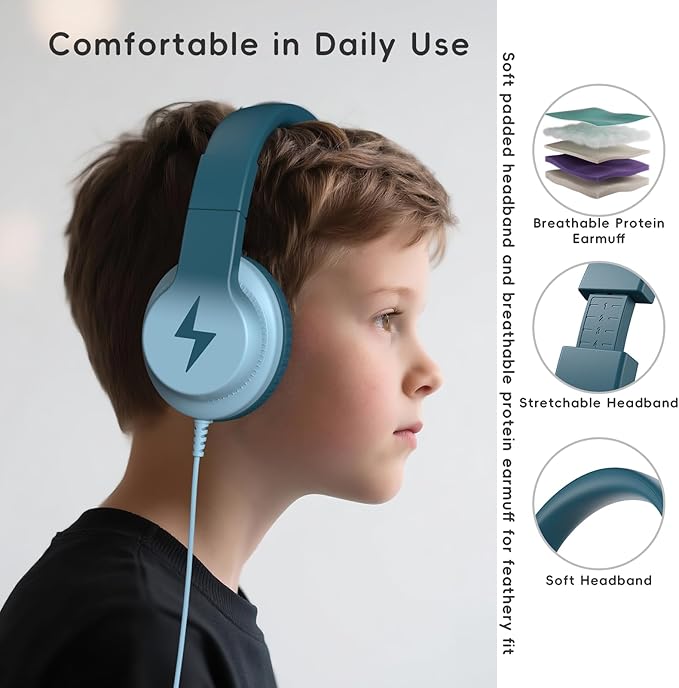 Candy Bila Kids Headphones, Wired Headphones for Kids Over Ear with Microphone, 85/94dB Volume Limiter Headphone for Girls Boys, Foldable Headphone for Learning & Entertainment, Gradient Green