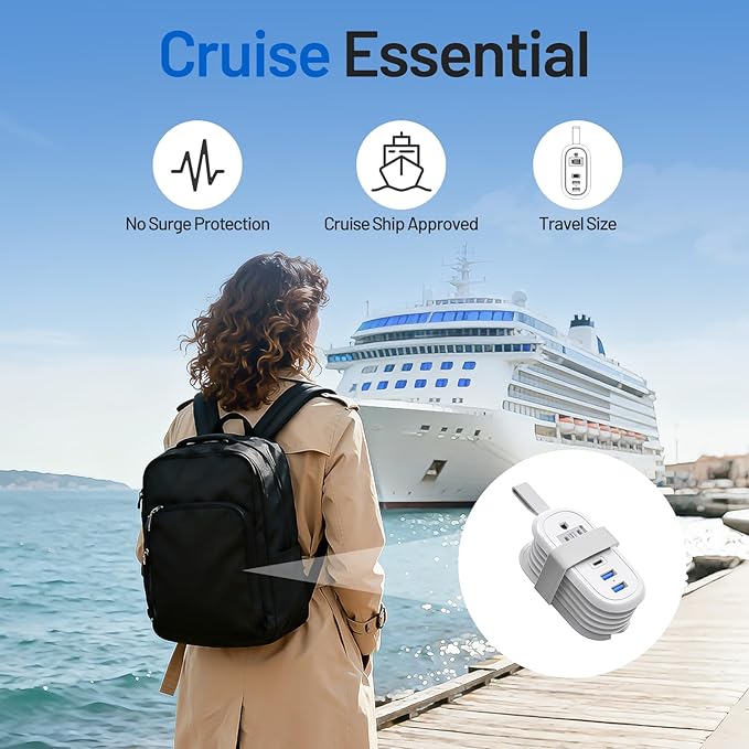 BEVA Cruise Power Strip, Cruise Approved Outlet with USB Ports, Non Surge Protector, 4FT Short Extension Cord 2 Outlets 3 USB Ports(1 USB C), Travel Essentials Outlet Adapter(3.4A Charge White)