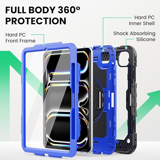 SEYMAC for iPad Pro 11 Inch Case M5 2025 / M4 2024, Heavy Duty Shockproof Protective Case with Screen Protector, 360° Rotating Stand, Hand/Shoulder Strap and Pen Holder, Blue