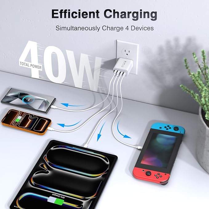 [3-Pack] USB C Wall Charger,40W Fast USB C Charger Block,4-Port PD+QC Wall Plug Power Adapter Multiport Type C Charging Block for iPhone 17/16/15/14/13/12/Pro Max,iPad,Samsung,AirPods4,Watch10,Ultra2