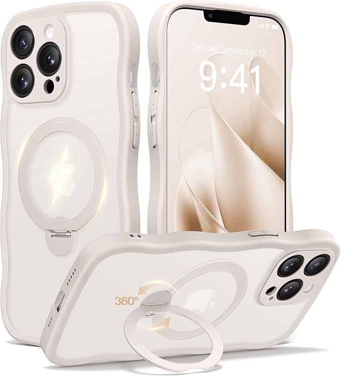 CAPRARO for iPhone 13 Pro Case with 360° Spin Magnetic Stand for Women, [Compatible with MagSafe] [Full Camera Protection] Cute Wave Translucent Matte Case for iPhone 13 Pro, Stone