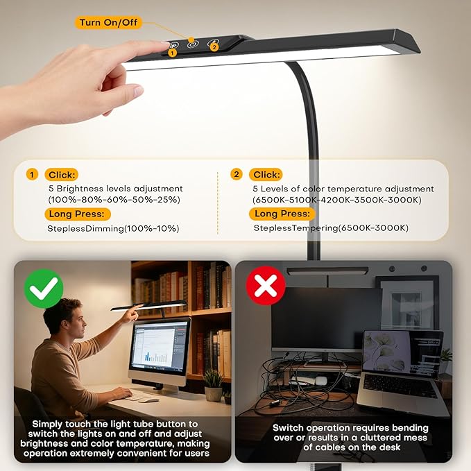 LED Desk Lamp for Office Home, Stepless Dimming Architect Desk Light with DC Adapter, Eye-Caring Desk Lamp with Clamp, 25 Lighting Modes Adjustable 12.8in Flexible Gooseneck for Workbench, Drafting