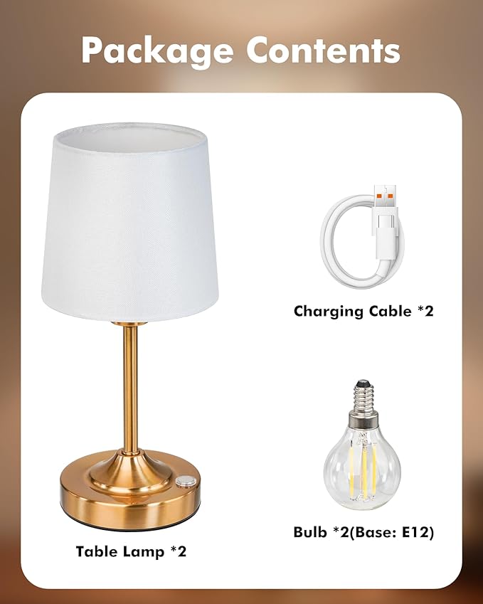 Cordless Table Lamp, 5000mAh Rechargeable LED Desk Lamp with 3-Level Dimmable Brightness, Portable Nightstand Light for Bedroom, Living Room, Bedside, Dining Room (Polished Gold) - 2 Pack