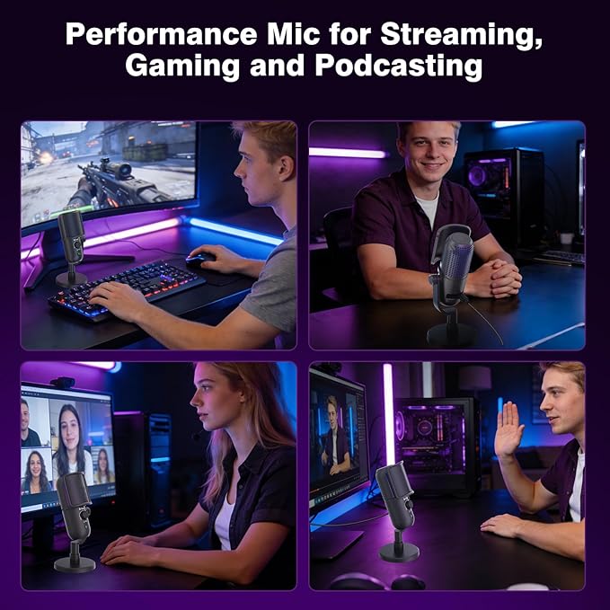USB Condenser Microphone for PC Gaming,Streaming&Podcast,Plug & Play RGB Desktop Mic with One-Touch Mute,Cardioid Noise-Canceling Computer Mic for Twitch,YouTube,Recording on PC & Laptop(Black)