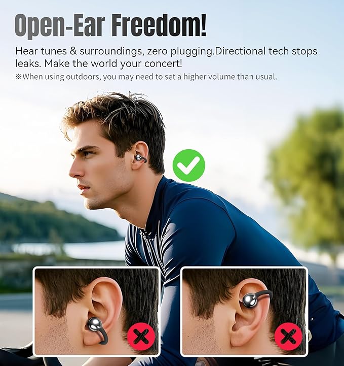 King Lucky Clip-On Earbuds Gen 3, Open-Ear Wireless Bluetooth 6.0 Headphones with Mic, Secure Fit for Small Ears & Glasses Wearers, 50H Playtime, LED Digital Display, ENC, IPX5 Waterproof(Balck)