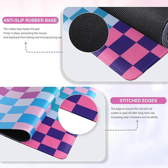 iCasso Desk Matt for Desktop, Cute Desk Pad Mat, XXL Large Mouse Pad, Anti-Slip Big Mousepad with Stitched Edges, Keyboard Pad Mouse Mat for Computer(Colour Checkered)