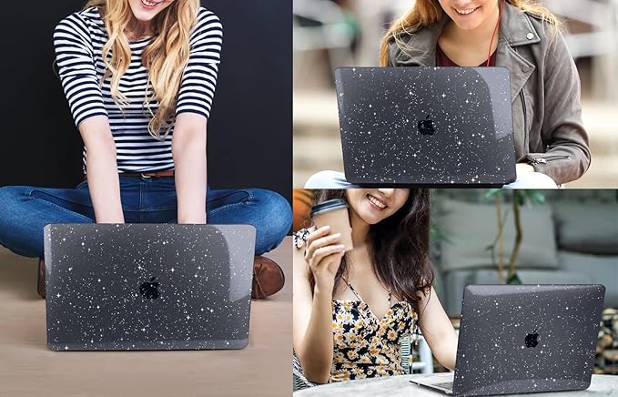 CISSOOK Sparkly Black Star Case for MacBook Air 13 Inch A2337 M1 A2179 A1932 2021-2018 Release, Plastic Glitter Bling Hard Shell Case with Keyboard Cover for MacBook Air M1 2021 with Touch ID