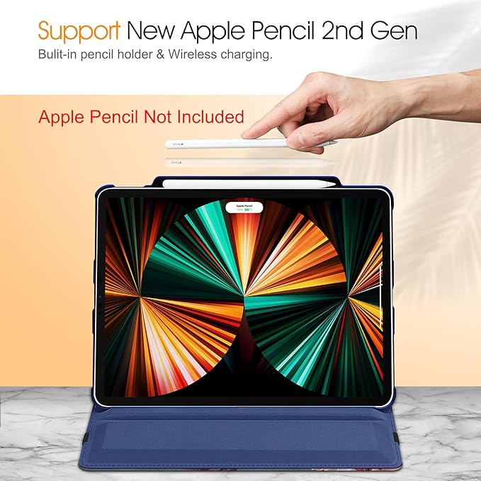 Fintie Rotating Case for iPad Pro 12.9-inch 6th Generation 2022-360 Degree Swiveling Protective Cover with Pencil Holder, Auto Sleep/Wake, Also Fit iPad Pro 12.9" 5th/4th/3rd Gen, Blooming Hibiscus